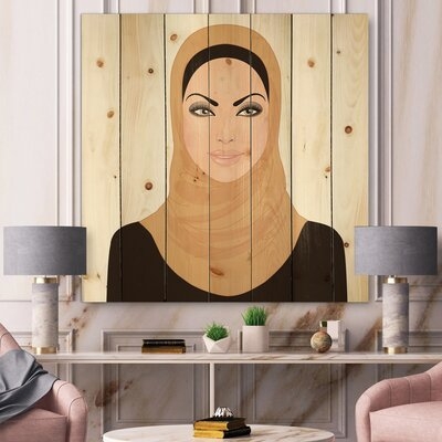 Portrait Of Muslim Woman In Traditional Hijab - Modern Print On Natural Pine Wood - Image 0
