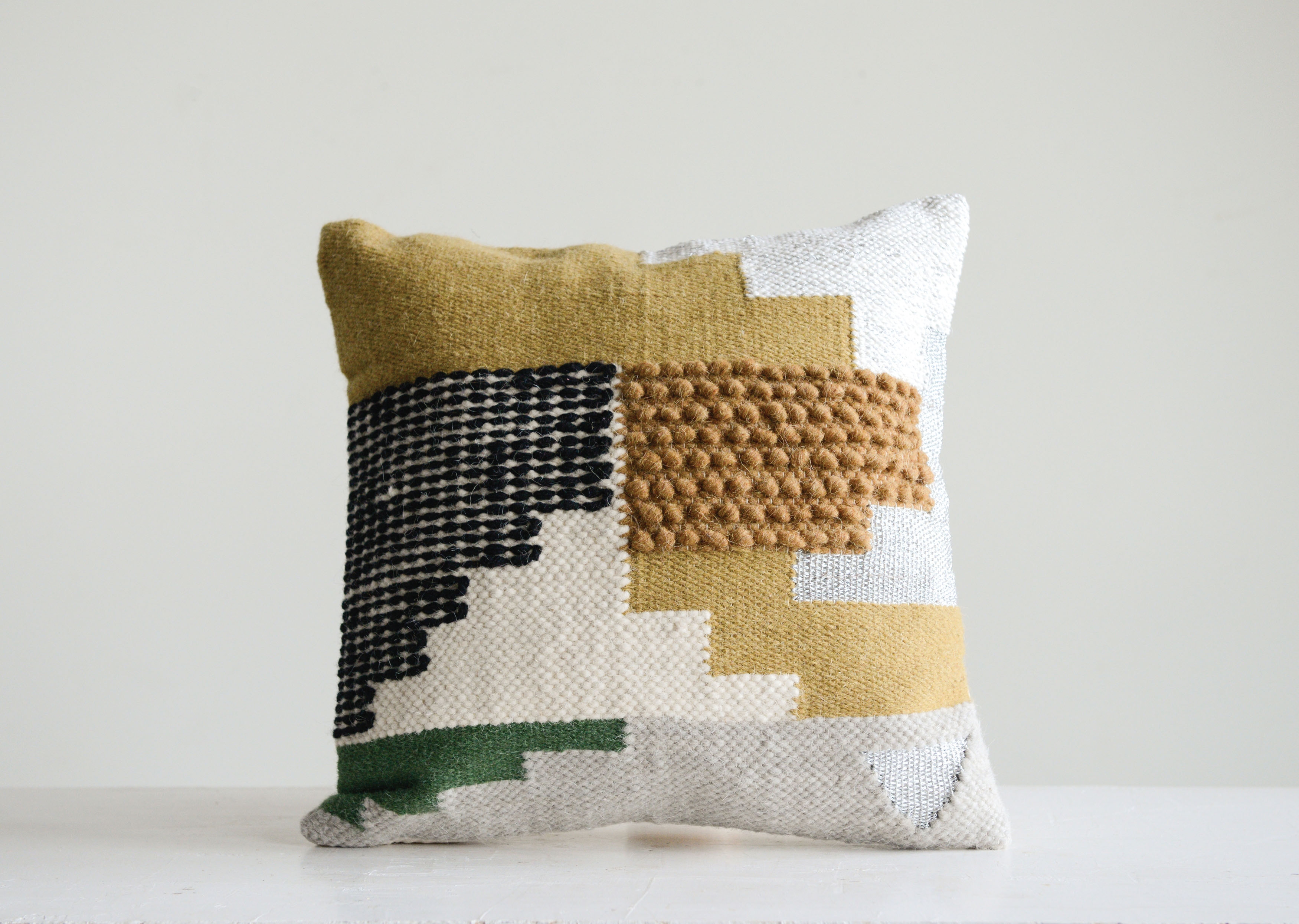 Handwoven White Wool Kilim Pillow with Yellow, Green & Black Accents - Image 9