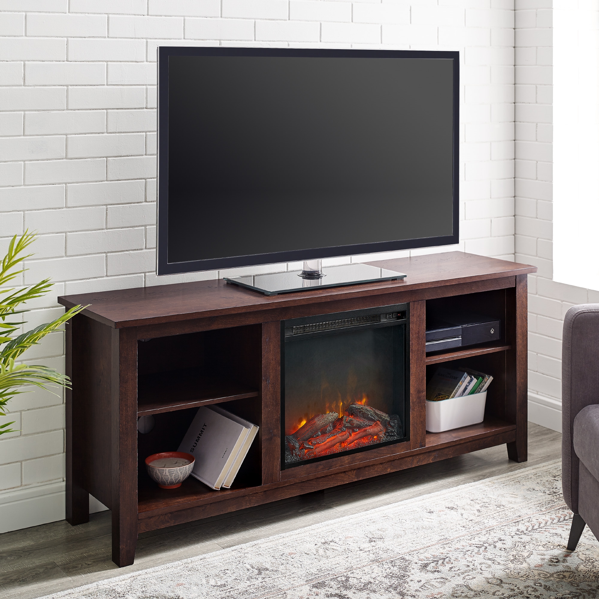 Essential 58" Traditional Rustic Farmhouse Electric Fireplace TV Stand - Brown - Image 4