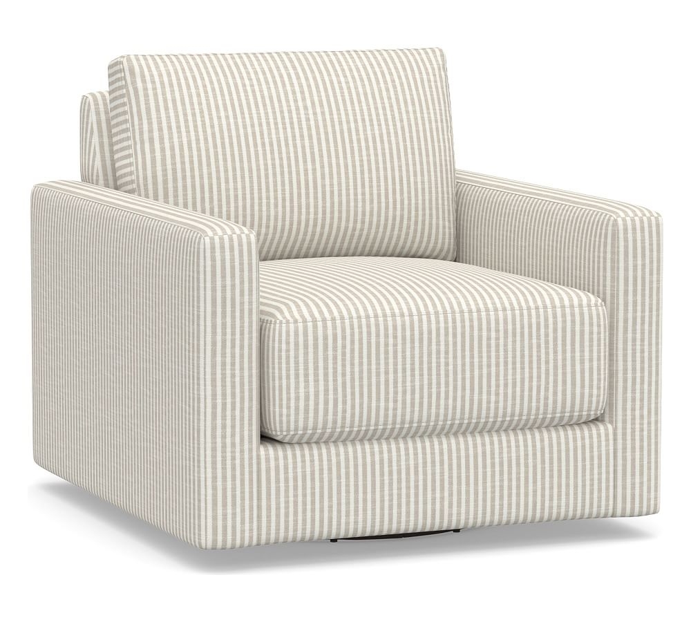 Cove Square Arm Upholstered Swivel Armchair, Down Blend Wrapped Cushions, Classic Stripe Oatmeal - Image 0