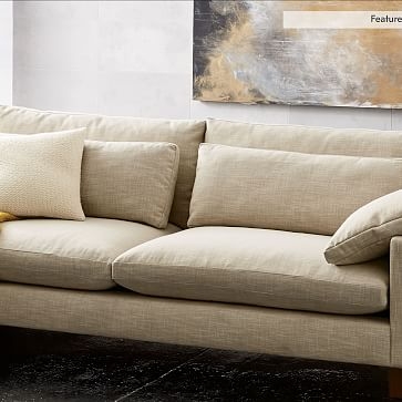 Harmony Petite 76" Sofa, Down Blend, Yarn Dyed Linen Weave, Frost Gray, Dark Walnut - Image 4