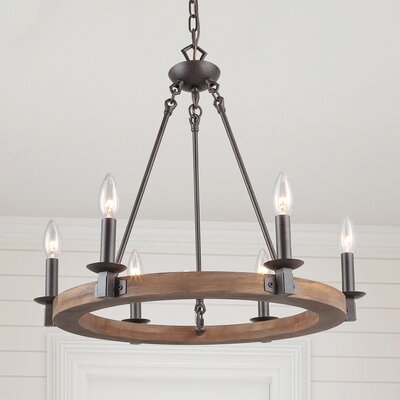Sabio 5 - Light Candle Style Wagon Wheel Chandelier with Wood Accents - Image 0