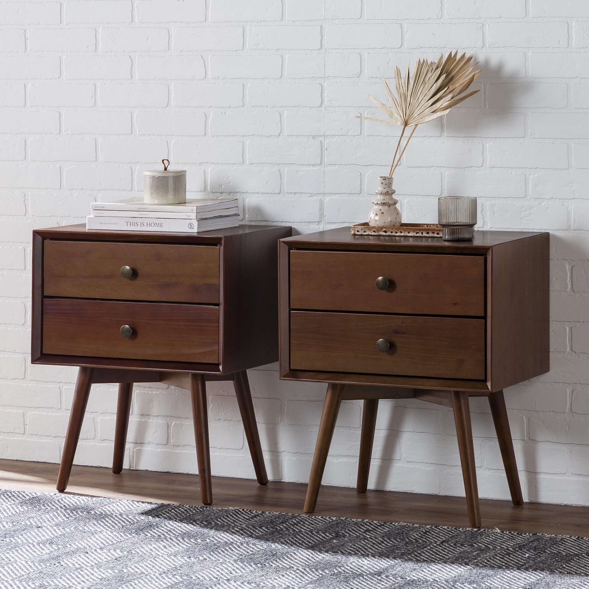 Mid Century Modern 2-Piece 2 Drawer Solid Wood Nightstand Set - Walnut - Image 2