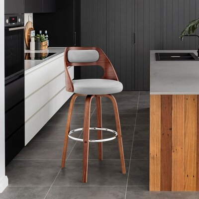 Bareen 26" Gray Faux Leather And Black Wood Bar Stool - Image 0