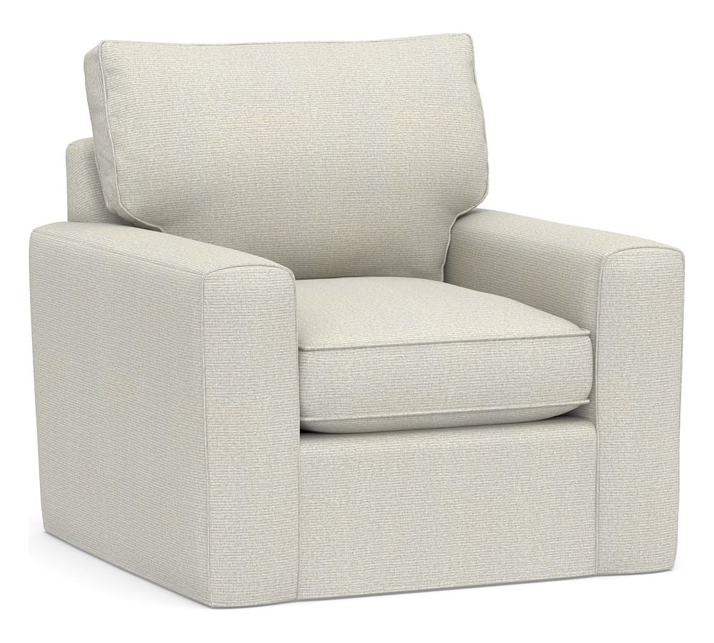 Pearce Square Arm Slipcovered Swivel Armchair, Down Blend Wrapped Cushions, Performance Heathered Basketweave Dove - Image 0
