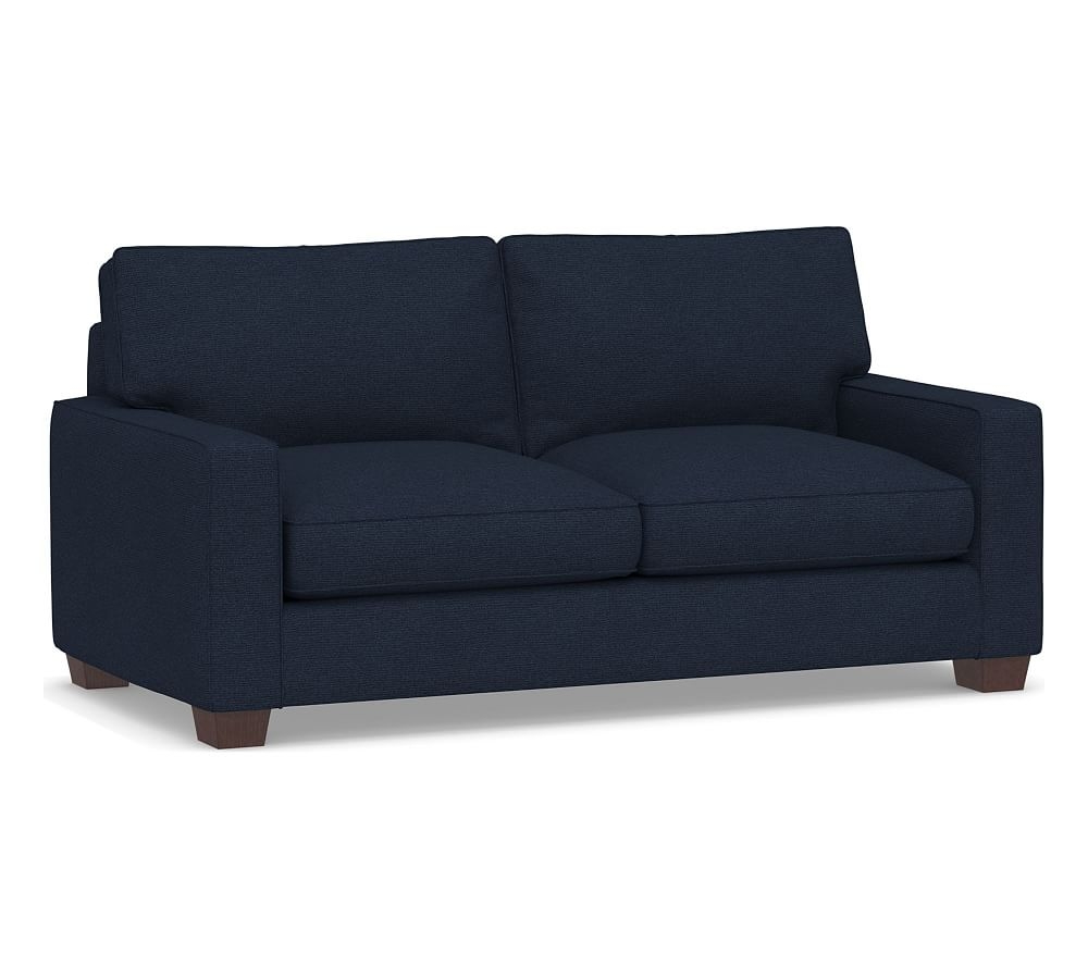 PB Comfort Square Arm Upholstered Sofa 76.5", Box Edge, Down Blend Wrapped Cushions, Performance Heathered Basketweave Navy - Image 0