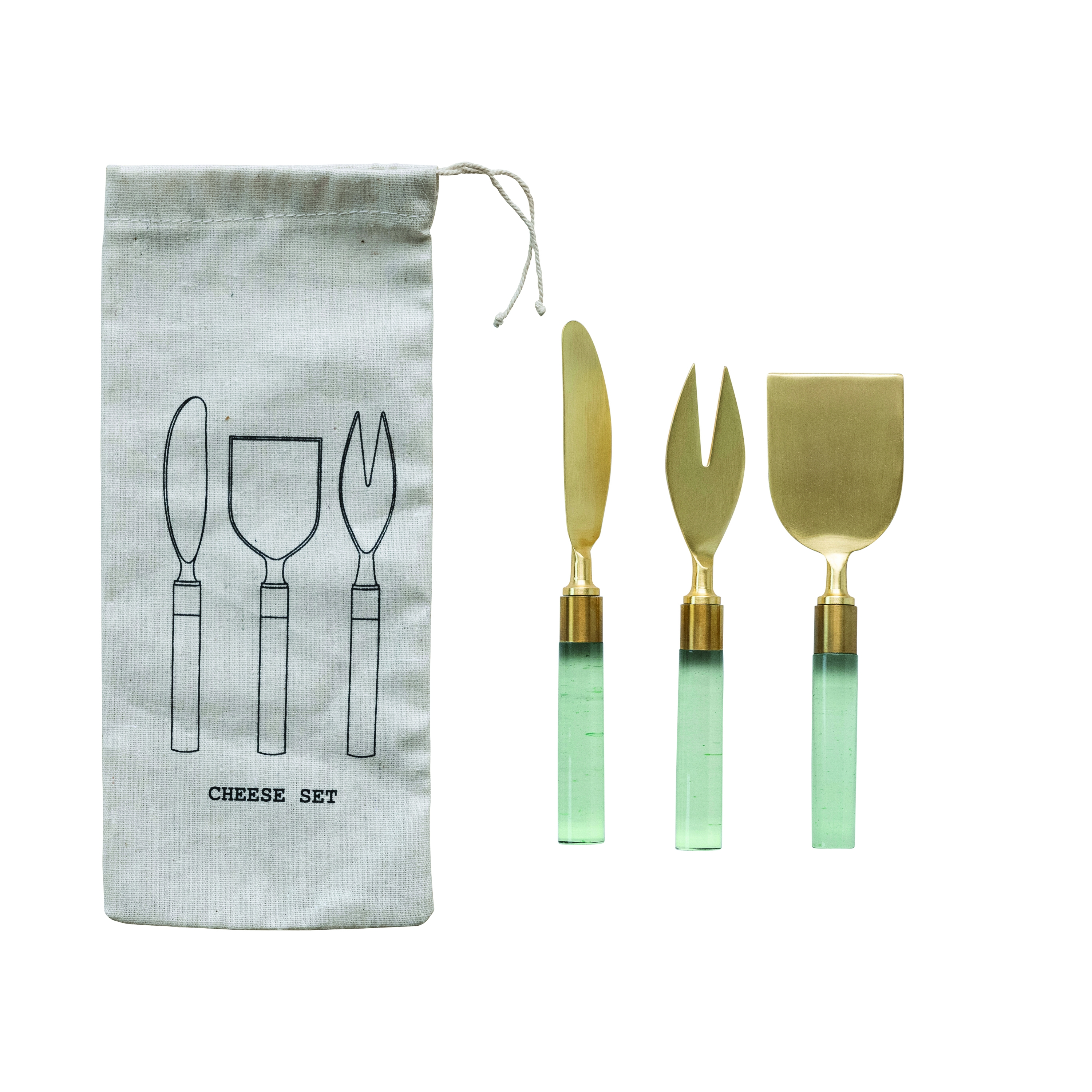 7 Inches Stainless Steel Cheese Utensils with Resin Handles and Printed Drawstring Bag, Brass Finish and Green - Image 0