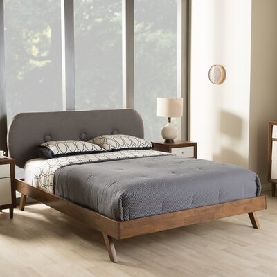 Mid-Century Modern Solid Walnut Wood Light Beige Fabric Upholstered Queen Size Platform Bed - Image 0