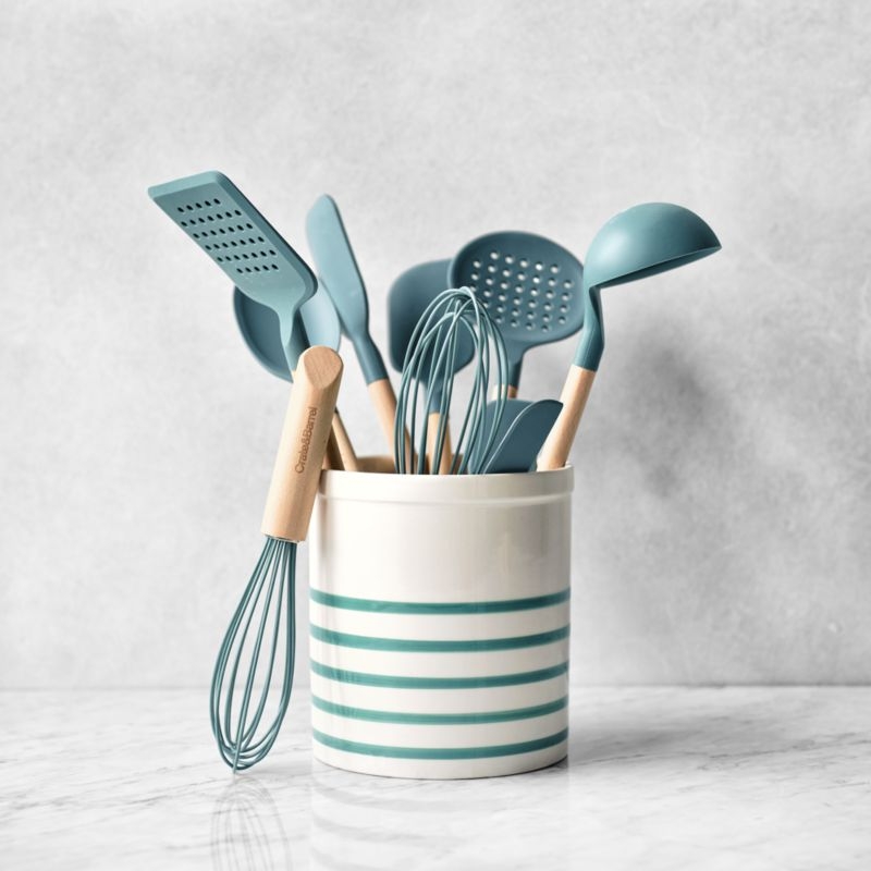 Crate & Barrel Deep Sage Green Silicone and Wood Slotted Turner Spatula - Image 1
