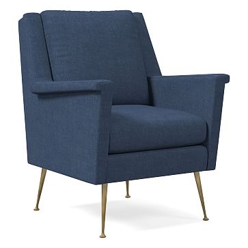 Carlo Midcentury Chair, Performance Yarn Dyed Linen Weave, French Blue, Brass - Image 0