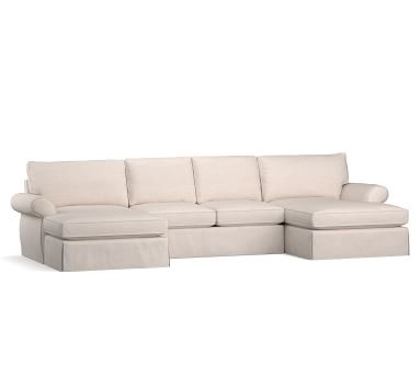 Pearce Roll Arm Slipcovered U-Double Chaise Sofa Sectional, Down Blend Wrapped Cushions, Performance Slub Cotton White - Image 1