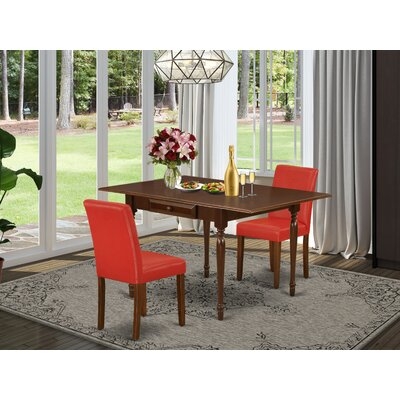 EF94AF56907A434597A46DC67651046A 3Pc Dinette Sets For Small Spaces Consists Of A Wood Dining Table And 2 Parsons Chairs With Firebrick Red Color PU Leather, Drop Leaf Table With Full Back Chairs, Mahogany Finish - Image 0