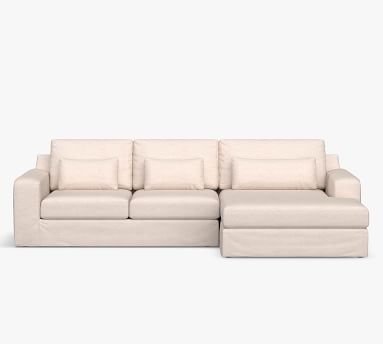 Big Sur Square Arm Slipcovered Deep Seat Right Arm Grand Sofa with Wide Chaise Sectional and Bench Cushion, Down Blend Wrapped Cushions, Brushed Crossweave Light Gray - Image 1