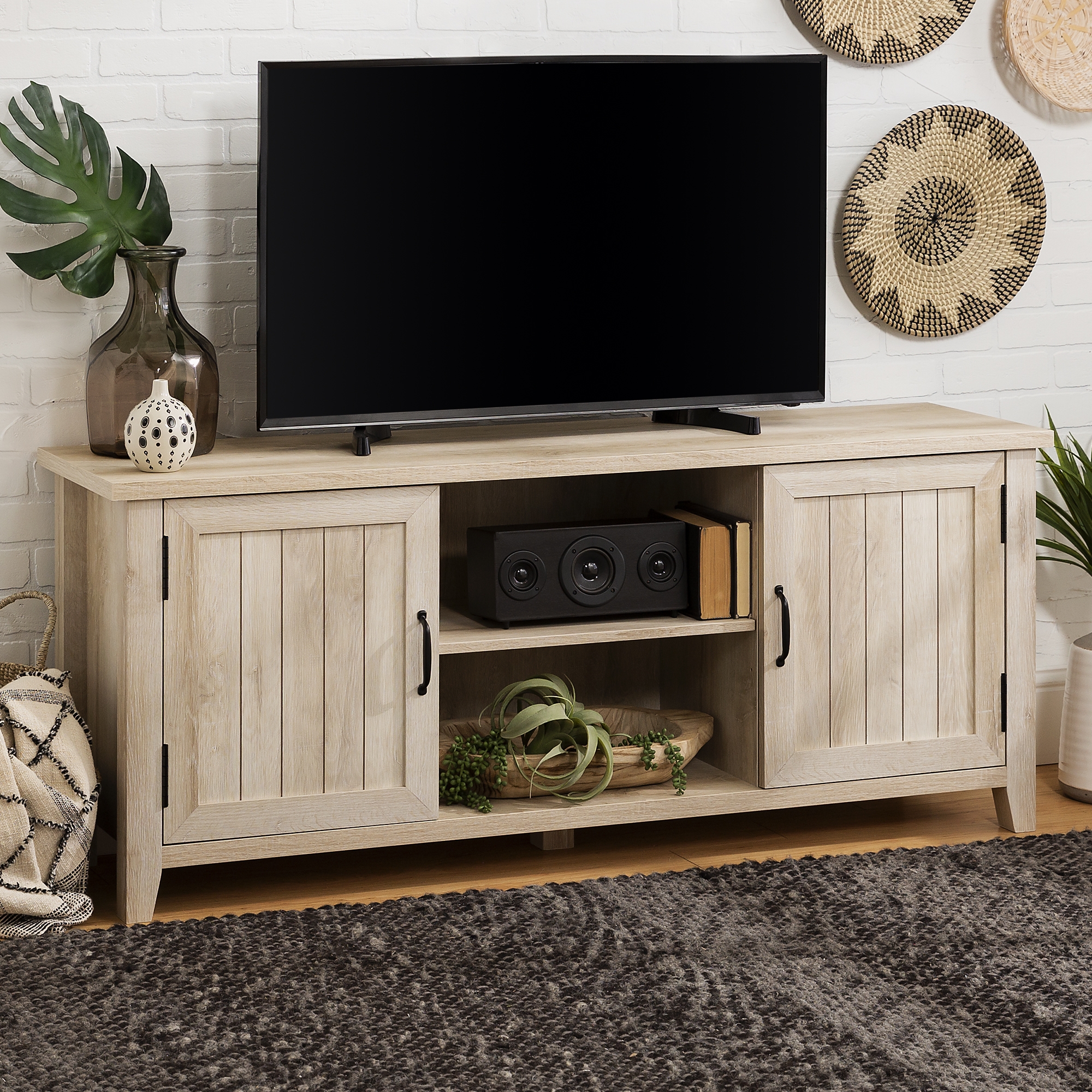 58" Modern Farmhouse Grooved 2 Door TV Stand - White Oak   - Image 3