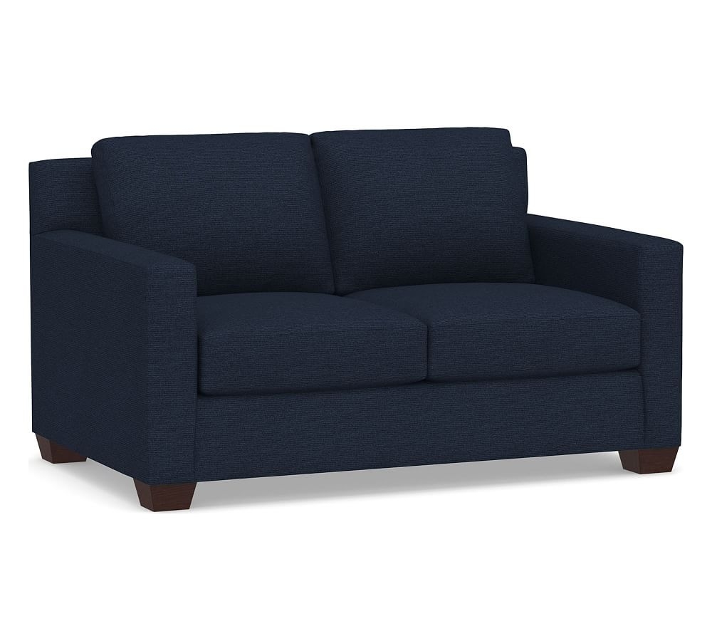 York Square Arm Upholstered Loveseat 60.5", Down Blend Wrapped Cushions, Performance Heathered Basketweave Navy - Image 0
