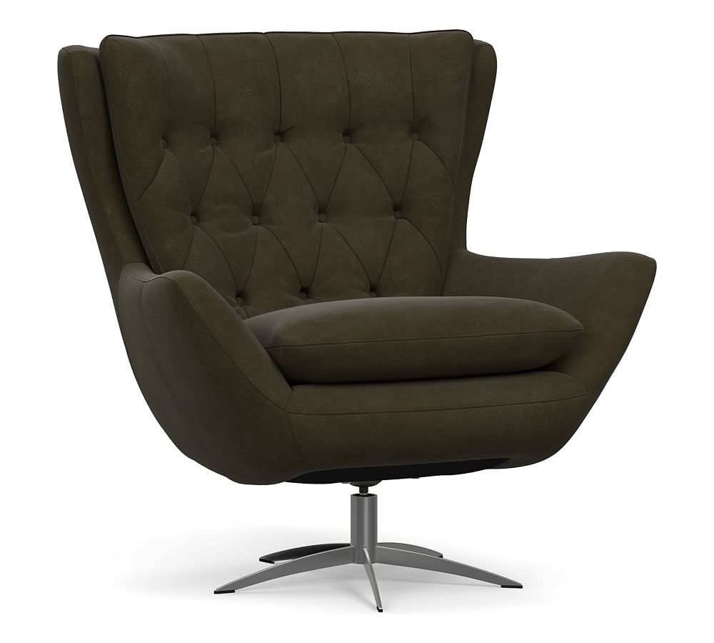 Wells Leather Swivel Armchair with Bronze Base, Polyester Wrapped Cushions, Aviator Blackwood - Image 0
