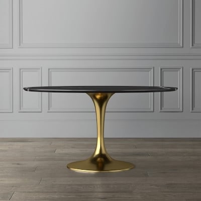 Tulip Pedestal Dining Table, Oval, Antique Brass Base, Black Marble Top - Image 5