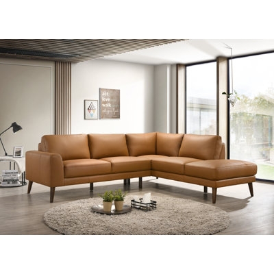 100" Wide Genuine Leather Corner Sectional, Brown - Image 0