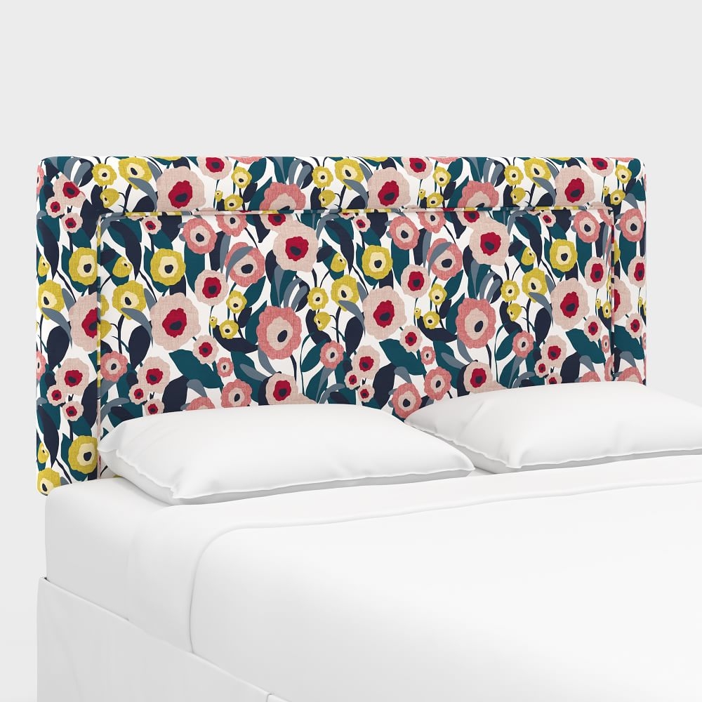 Upholstered Bordered Headboard, Queen, Modern Floral, Pink Blossom - Image 0