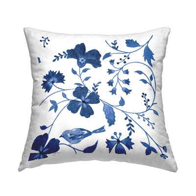 Swirling Blue Flowers Decorative Printed Throw Pillow Design by Janet Tava - Image 0