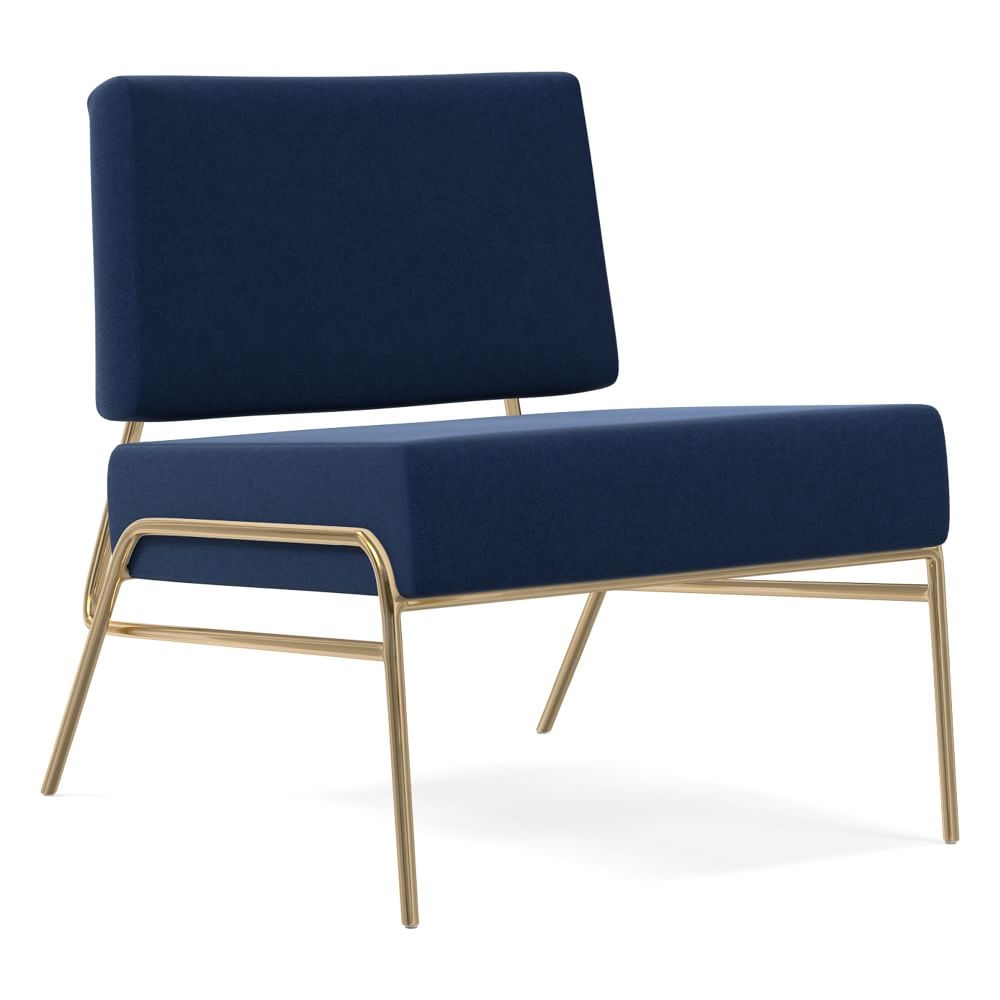 Wire Frame Upholstered Slipper Chair, Poly, Performance Velvet, Ink Blue, Antique Brass - Image 0