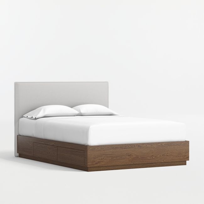 Noa Grey Upholstered Flange Kids Full Headboard with Deep Brown Wood Storage Base - Image 0