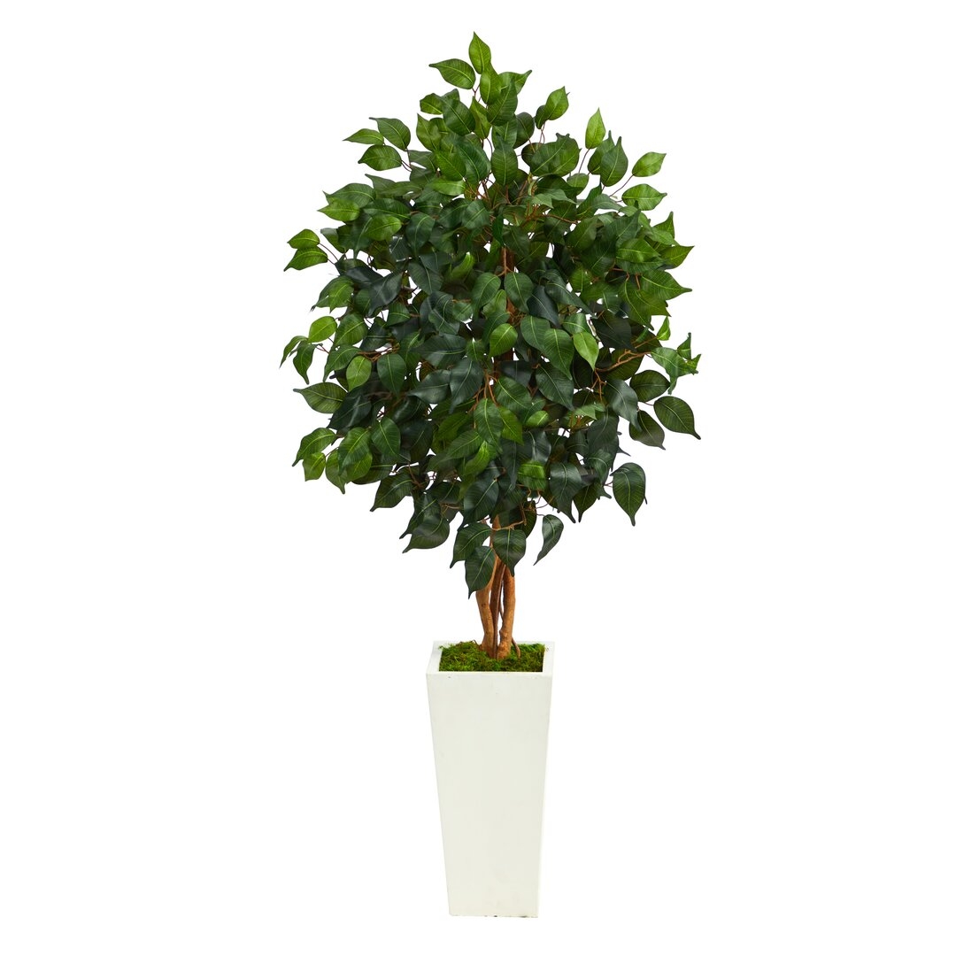 Nearly Natural 4Ft. Ficus Artificial Tree In White Tower Planter - Image 0