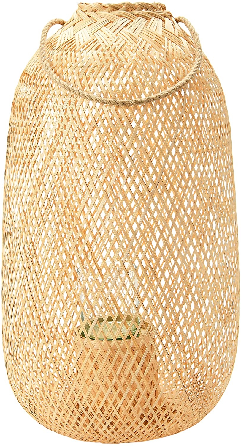Handwoven Bamboo Lantern with Jute Handle & Glass Insert, Natural, Tall - Image 2