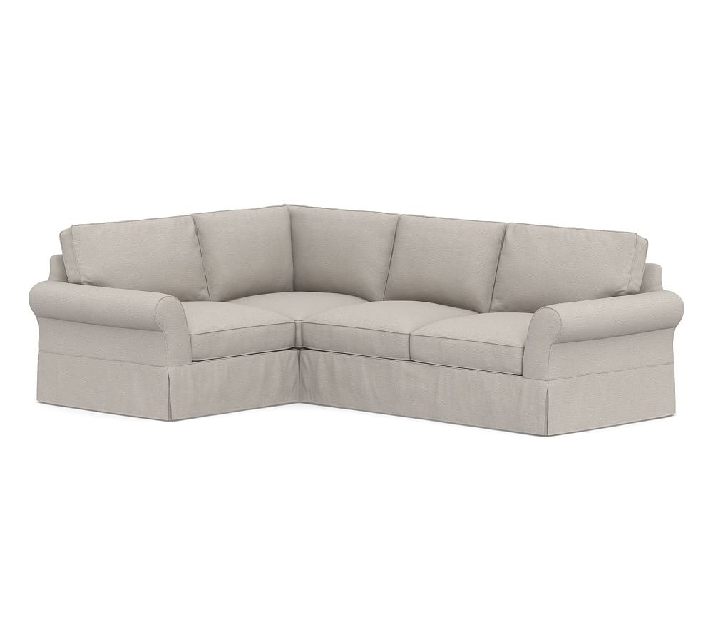 PB Comfort Roll Arm Slipcovered Right Arm 3-Piece Corner Sectional, Box Edge, Down Blend Wrapped Cushions, Chunky Basketweave Stone - Image 0
