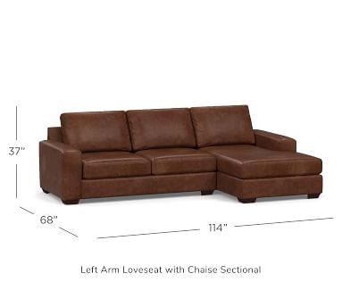 Big Sur Square Arm Leather Right Arm Sofa with Chaise Sectional, Down Blend Wrapped Cushions, Statesville Caramel - Image 1