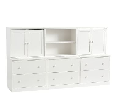 Cameron 1 Bookcase Cubby, 2 Cabinets, &amp; 3 Double Drawer Base Set, Simply White, Flat Rate - Image 0