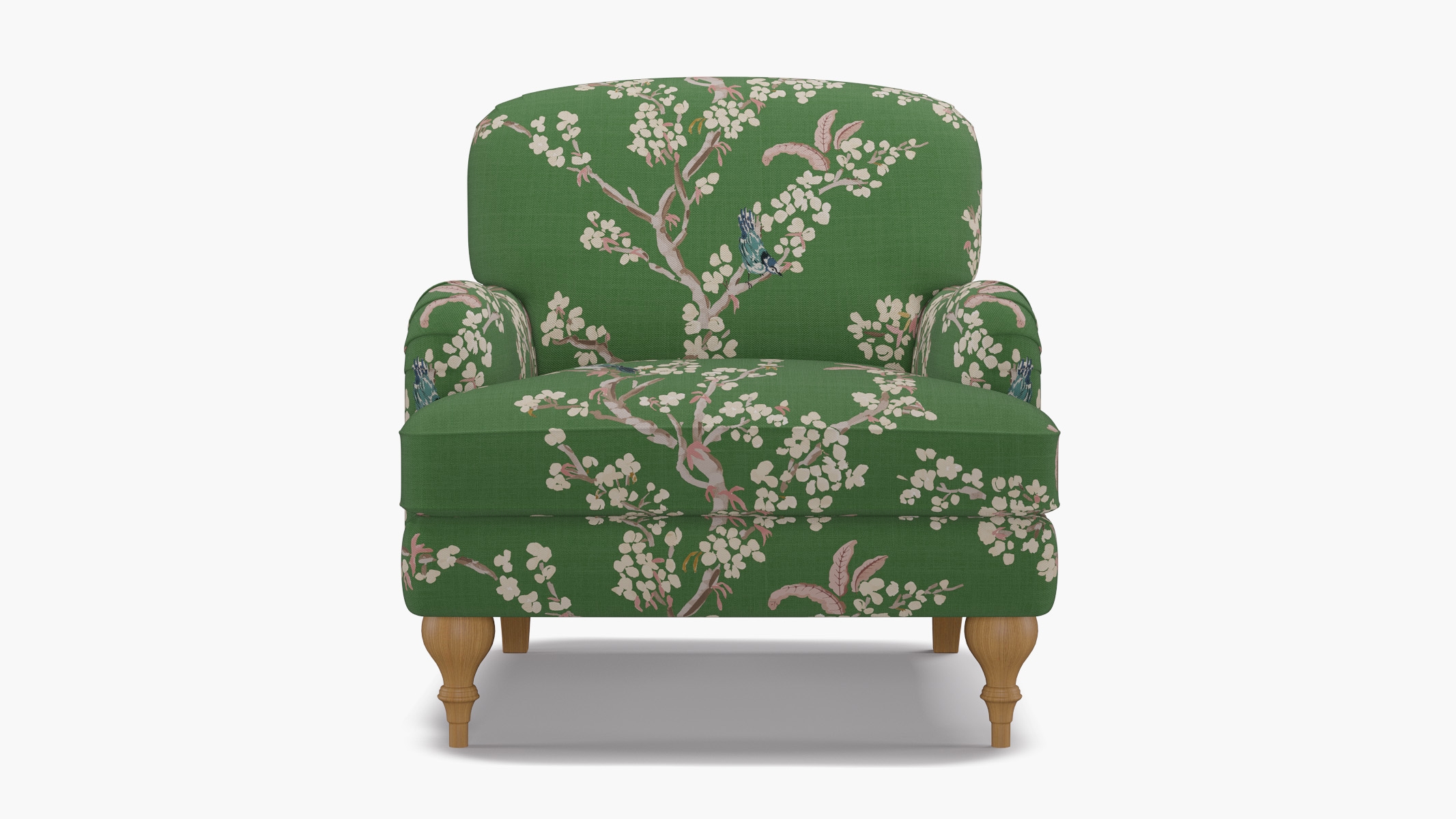 English Roll Arm Chair, Jade Cherry Blossom, Natural Turned Wood Leg - Image 0