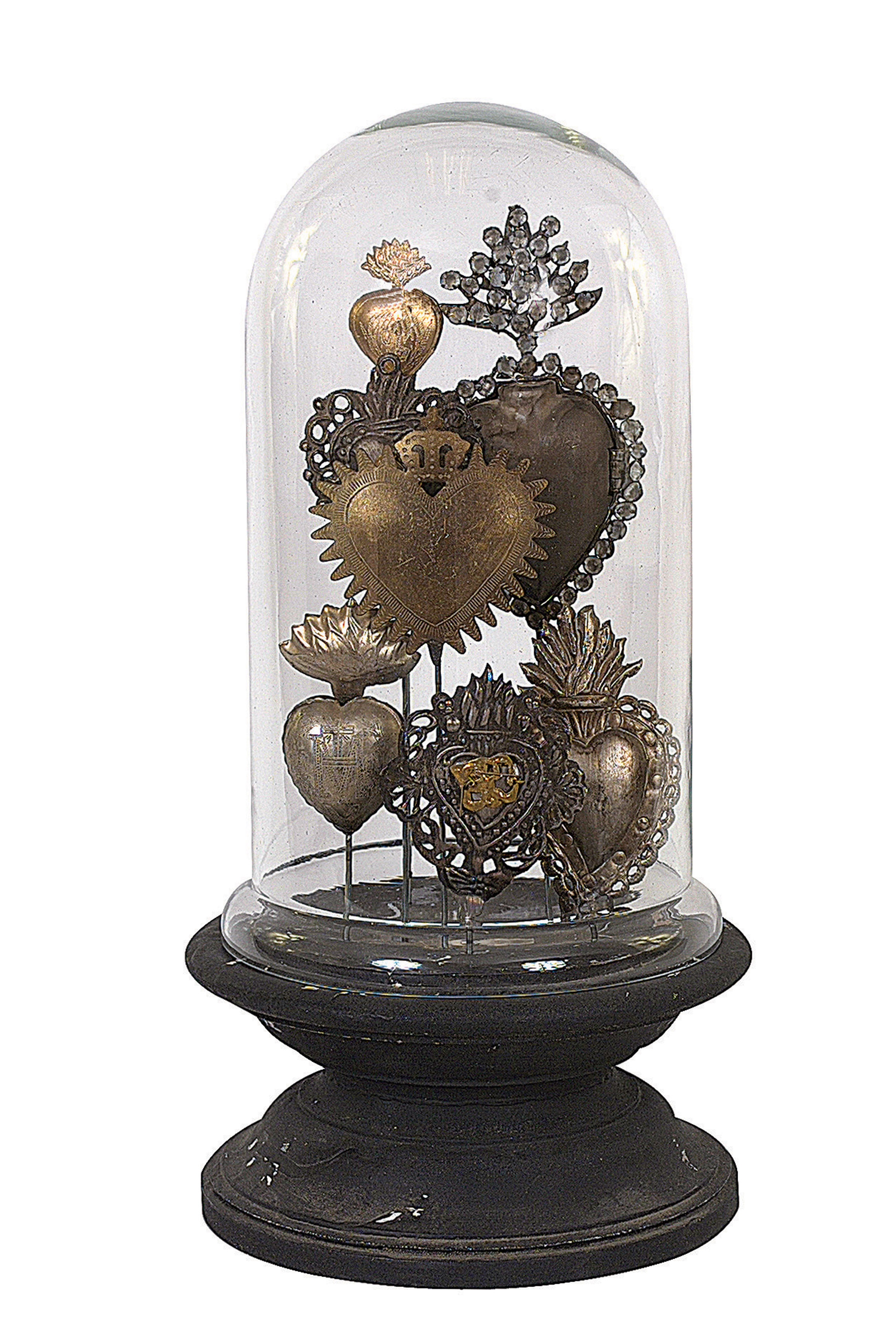 Decorative Tin Sacred Hearts on Wood Pedestal with Glass Cloche - Image 0