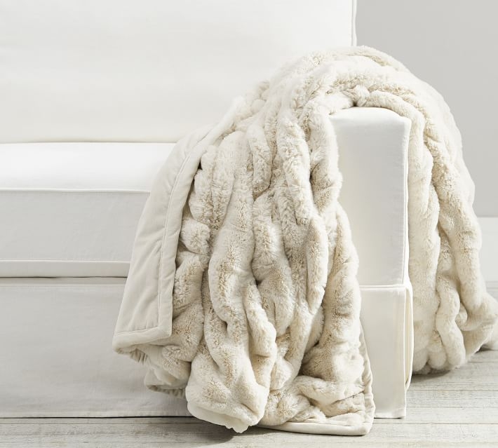 Faux Fur Ruched Throw, Ivory, 50" x 60" - Image 0