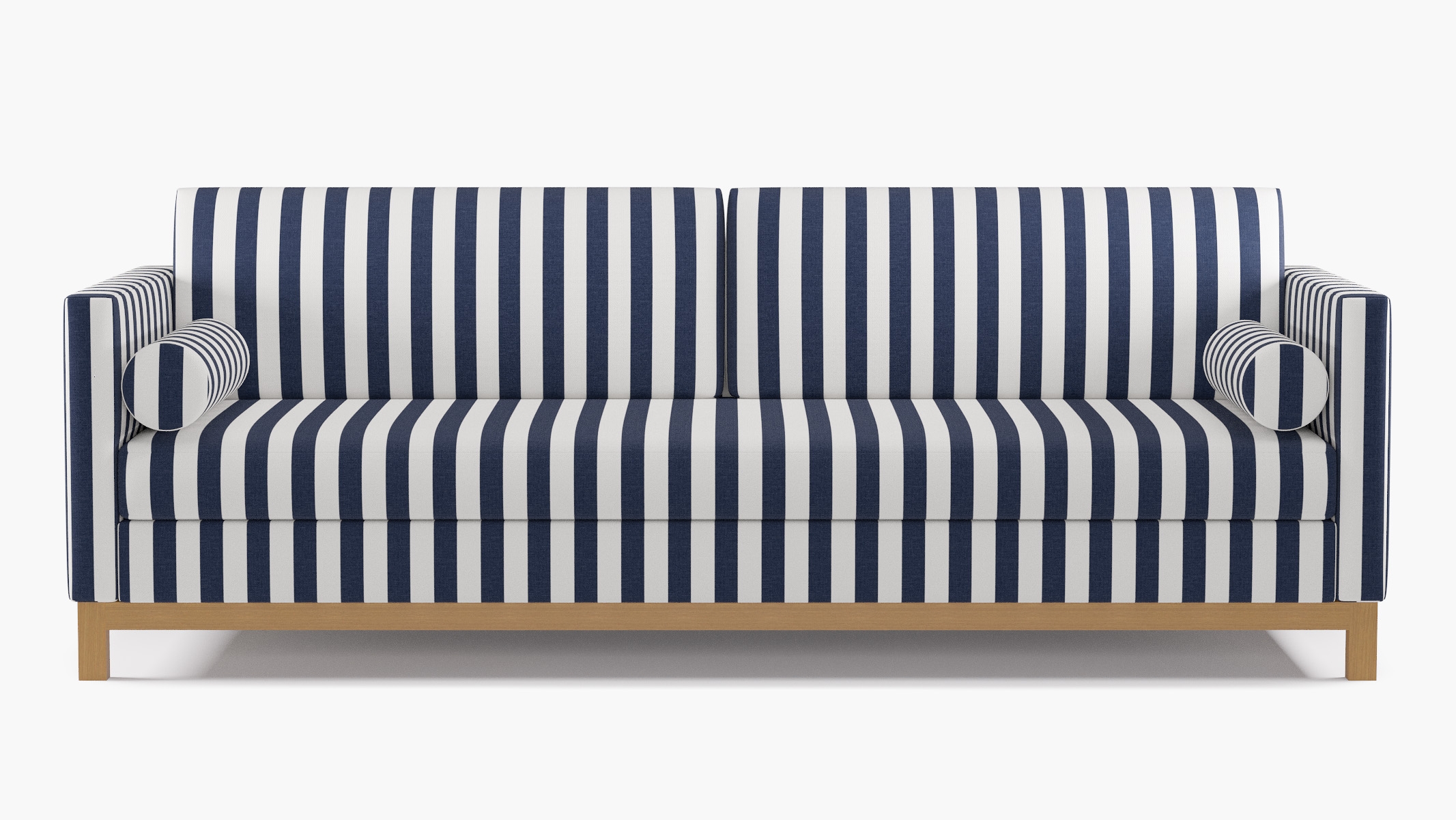 Tailored Tuxedo Sofa, Navy Cabana Stripe, Natural Wood Rail - Image 0