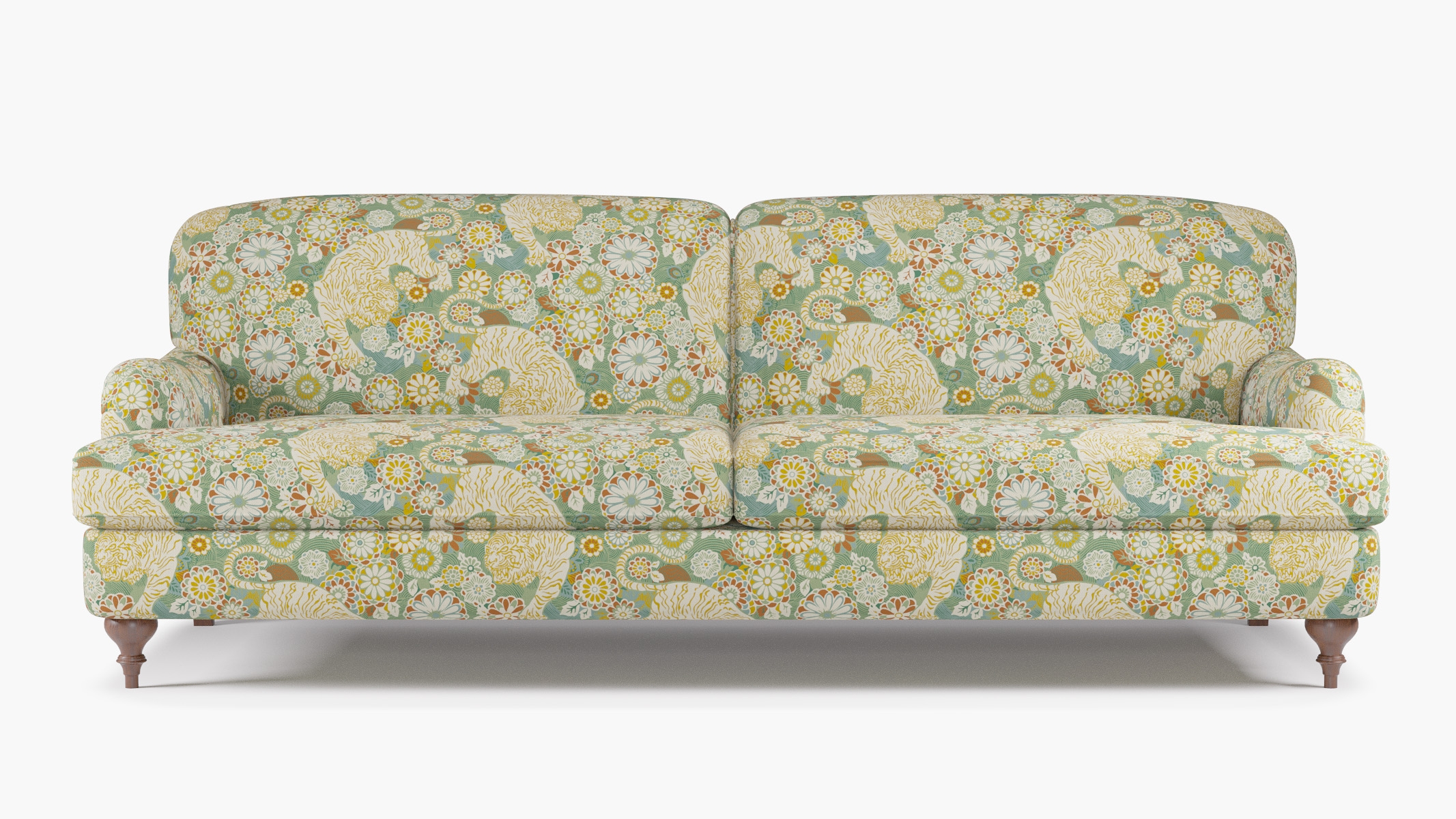 English Roll Arm Sofa, Pistachio Siberian Tiger, Walnut Turned Wood Leg - Image 0