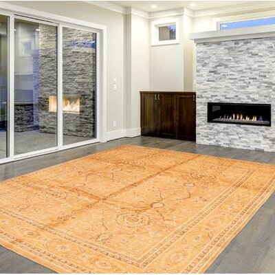 One-of-a-Kind Hand-Knotted New Age Ushak Light Brown 9'4" x 13'3" Wool Area Rug - Image 0
