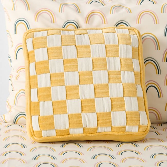 Checkerboard Custard Yellow and Arctic Ivory Velvet  Kids Throw Pillow - Image 0