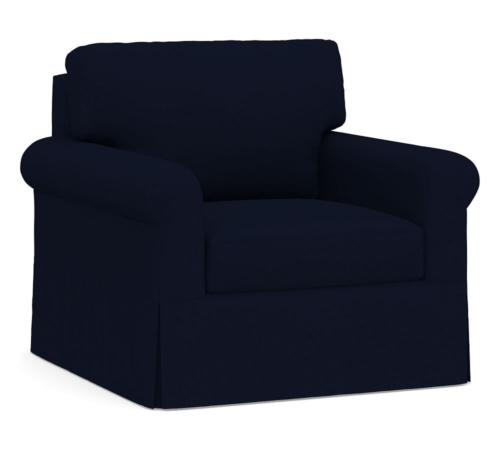 York Roll Arm Slipcovered Swivel Armchair, Down Blend Wrapped Cushions, Performance Everydaylinen(TM) Navy - Image 0