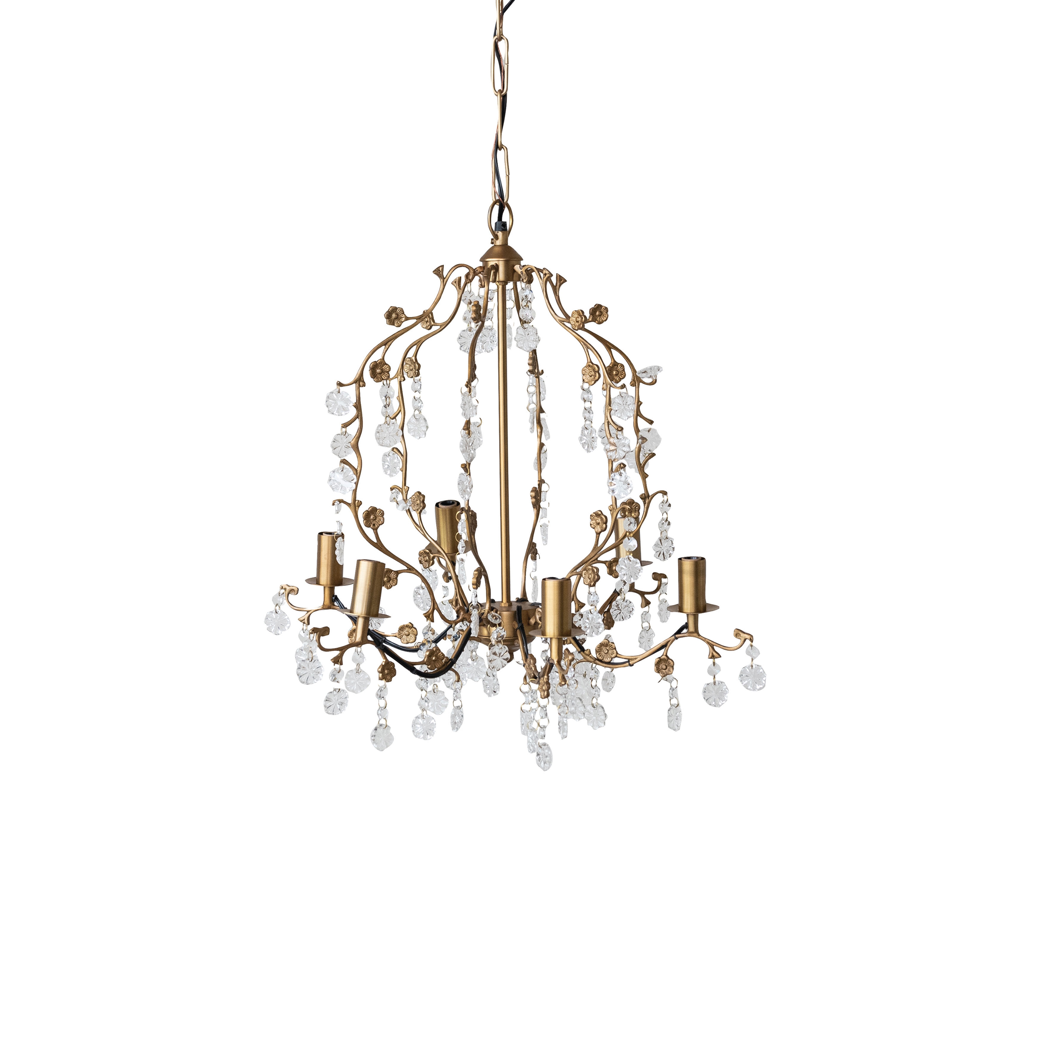 Metal Chandelier with Flowers and Glass Crystals, Antique Brass - Image 0