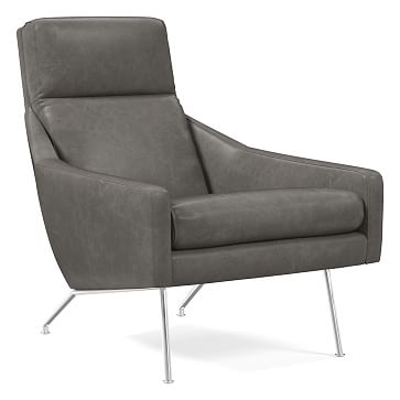 Austin Stationary Chair, Poly, Ludlow Leather, Gray Smoke, Polished Stainless Steel - Image 0