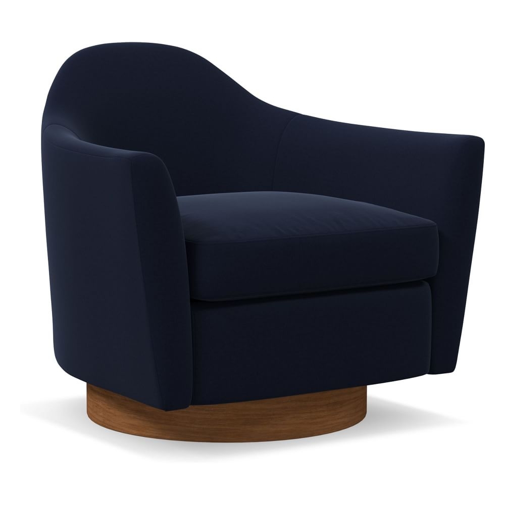 Haven Swivel Chair, Distressed Velvet, Ink Blue, Dark Walnut - Image 0