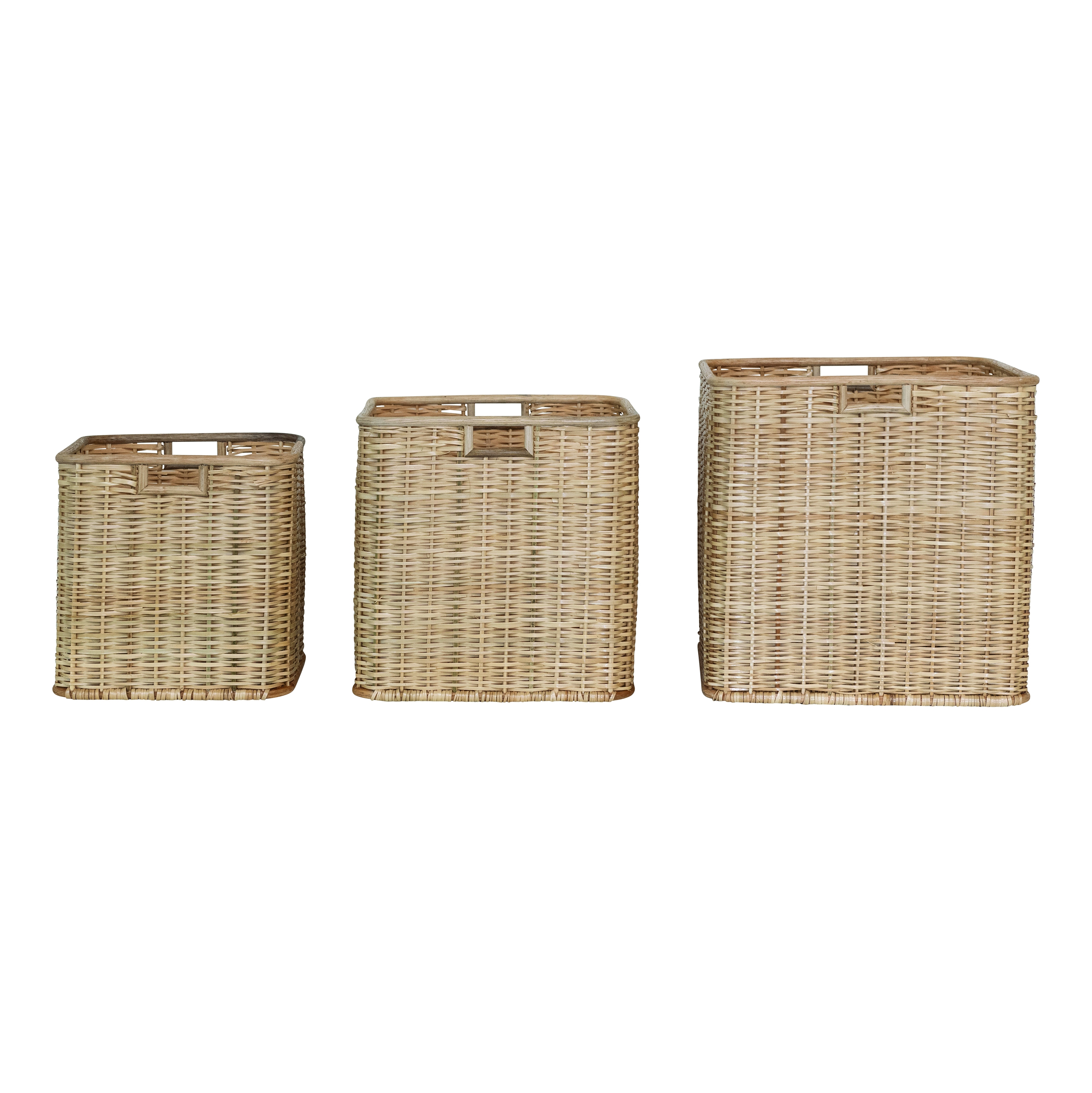 Square Handmade Palm and Rattan Basket Organizer for Decor and Storage with Handles, Natural Brown, Set of 3 - Image 0