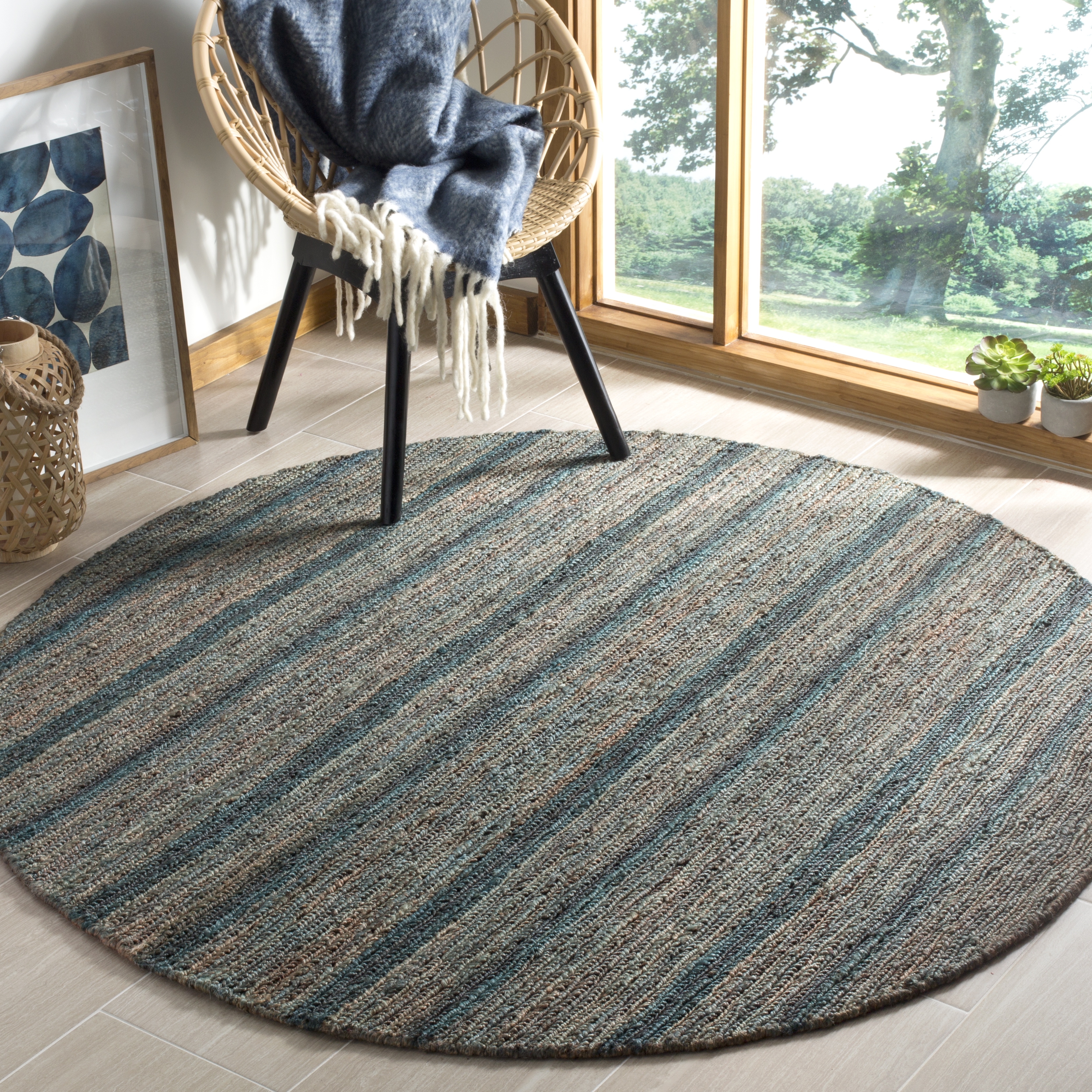Arlo Home Hand Knotted Area Rug, ORG115A, Blue,  6' X 6' Round - Image 1