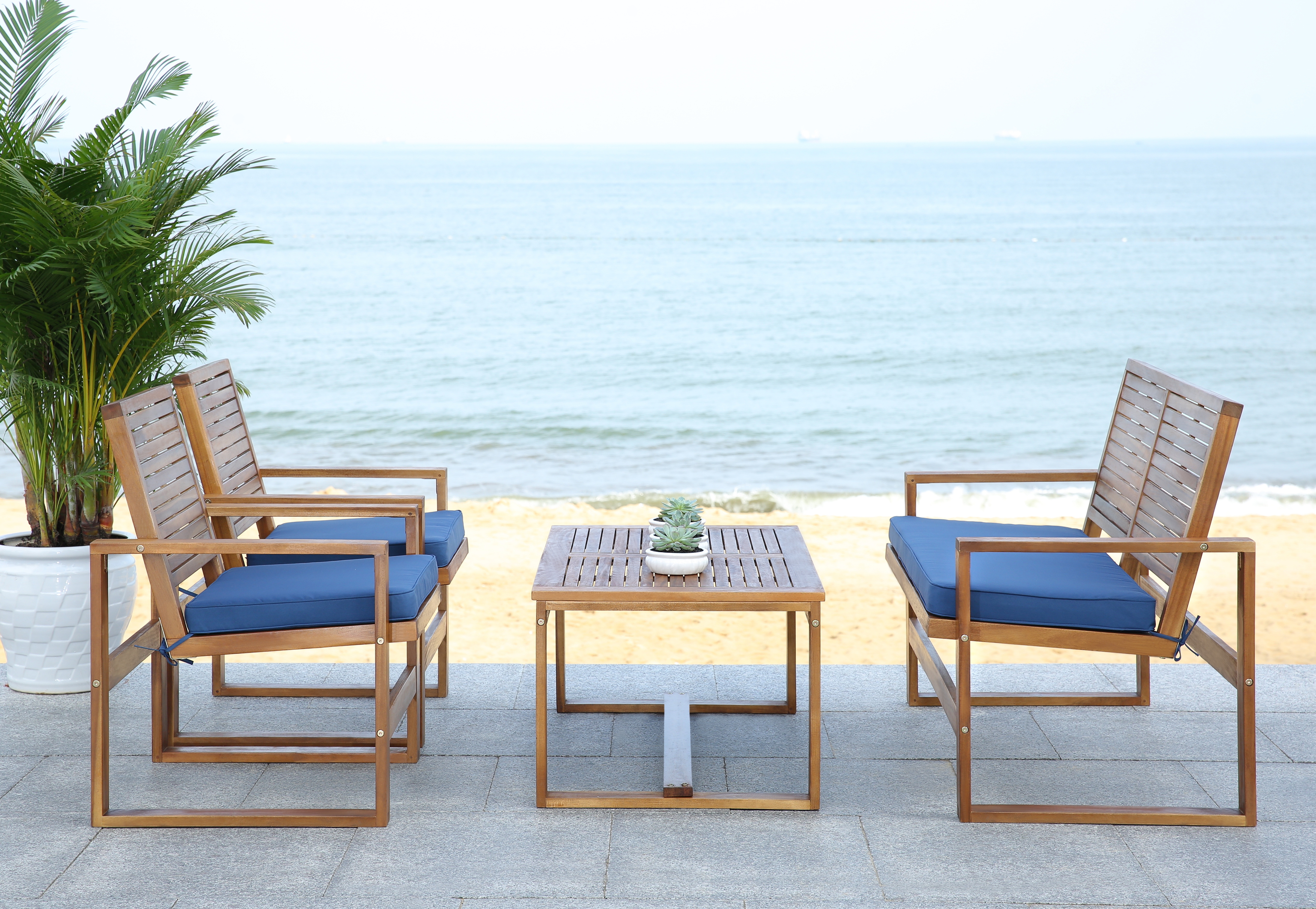 Ozark 4 Piece Outdoor Living Set - Brown/Navy - Safavieh - Image 5