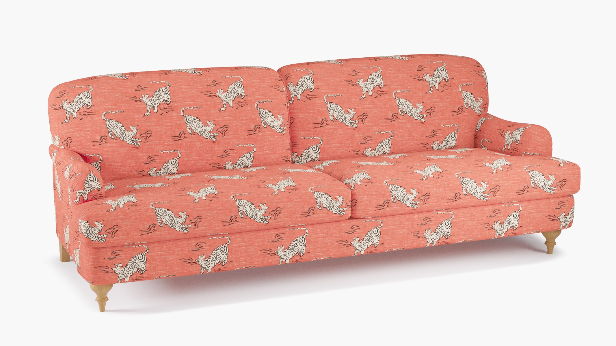 English Roll Arm Sofa, Coral Tigresse, Natural Turned Wood Leg - Image 1