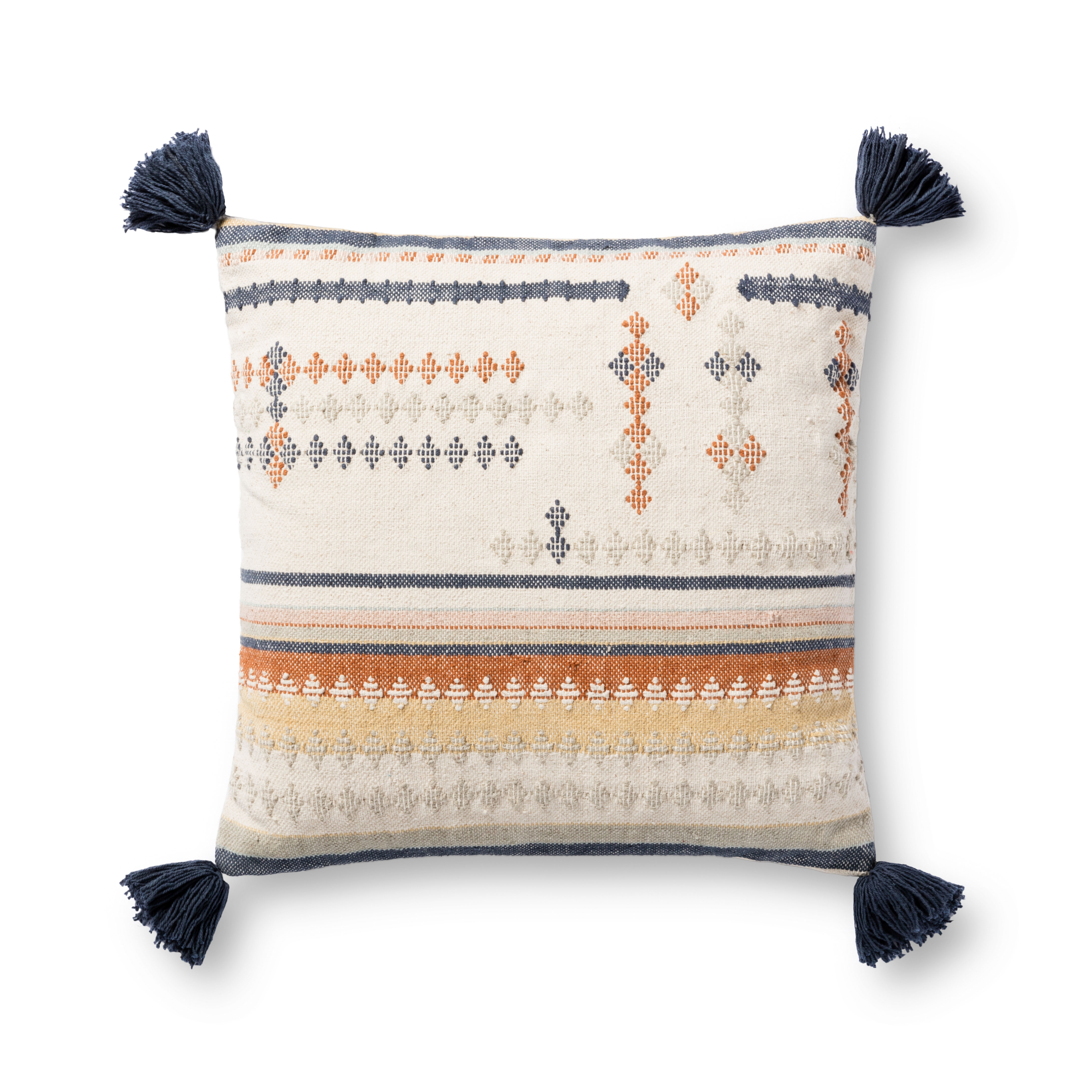 Handcrafted Throw Pillow with Tassels, 18" x 18", Orange, Cream & Blue - Image 0