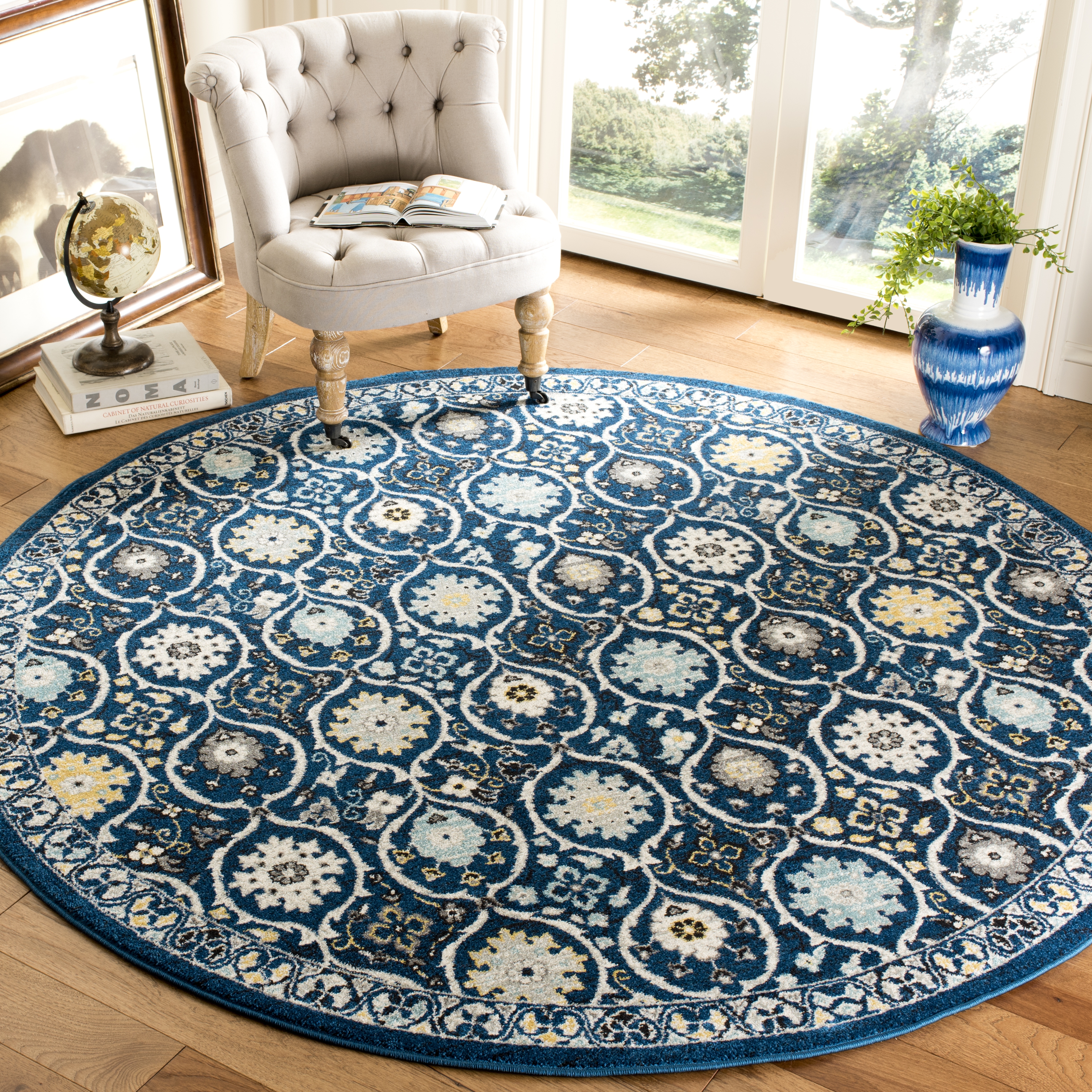 Arlo Home Woven Area Rug, EVK210A, Royal/Ivory,  6' 7" X 6' 7" Round - Image 1