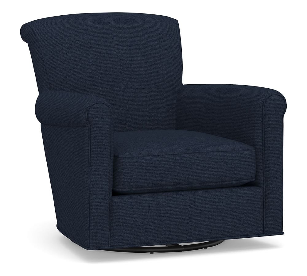 Irving Roll Arm Upholstered Swivel Glider with Nailheads, Polyester Wrapped Cushions, Performance Heathered Basketweave Navy - Image 0