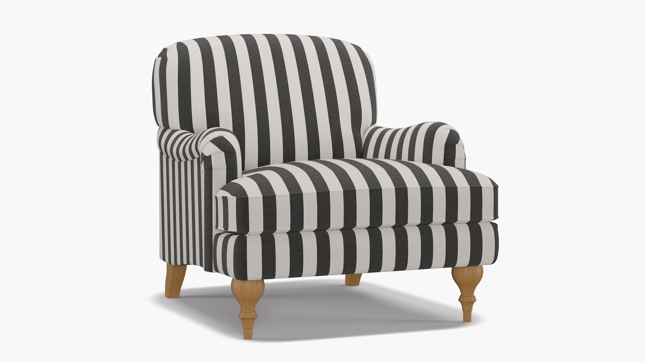 English Roll Arm Chair, Ink Cabana Stripe, Natural Turned Wood Leg - Image 1
